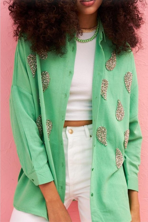 Women's Green Damlataş Model Oversize 100% Cotton Loose Shirt