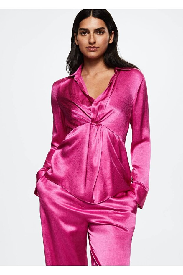 Düğmeli Saten Bluz - 1