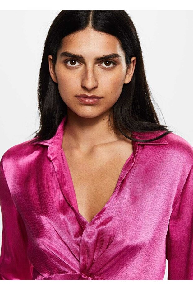 Düğmeli Saten Bluz - 5