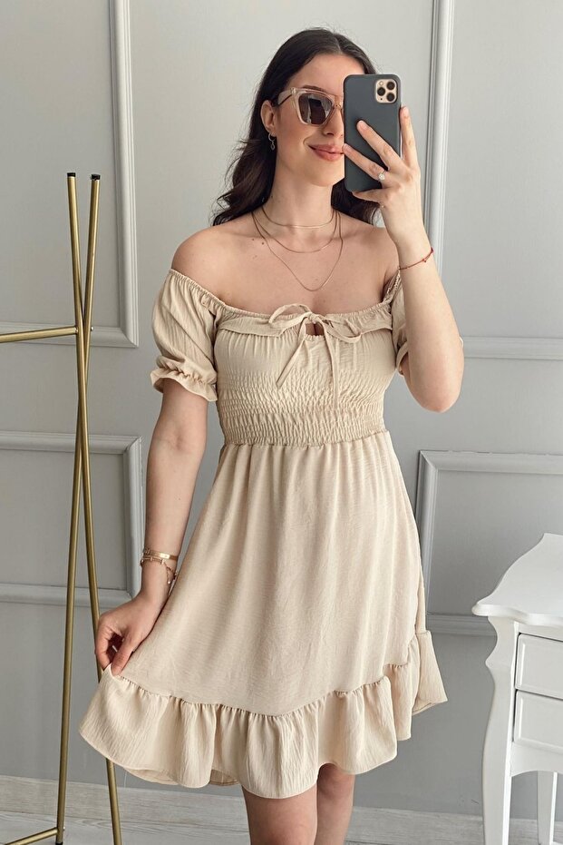 Aerobin Fabric Chest Elastic Lace Detailed Short Sleeve Flared Cream Dress 058
