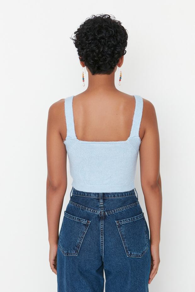 Mavi Crop Yumuşak Dokulu Bluz-Hırka Triko Takım TWOAW21HI0107 - 3