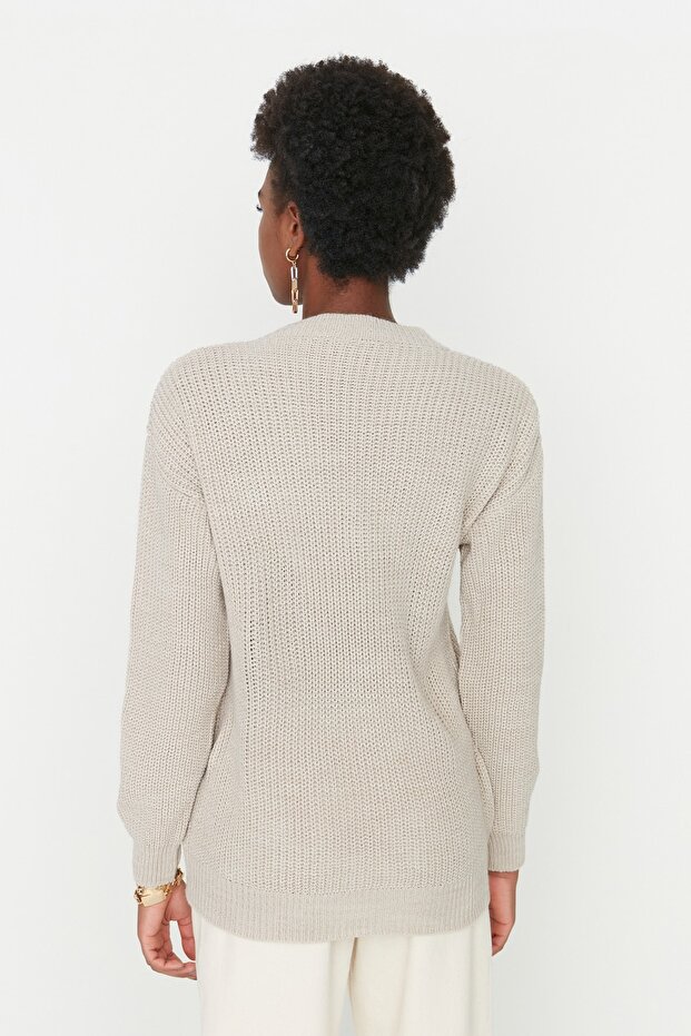 Beigefarbener Strickpullover mit V-Ausschnitt und Lochmuster TWOAW21KZ0690 - 6