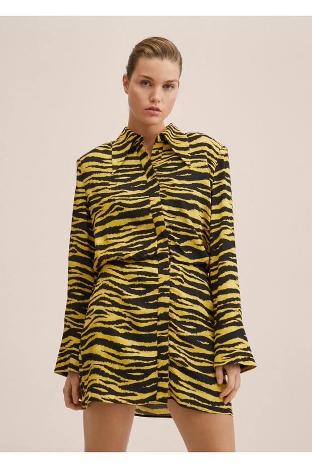 Leopar Desenli Gömlek Elbise - 1
