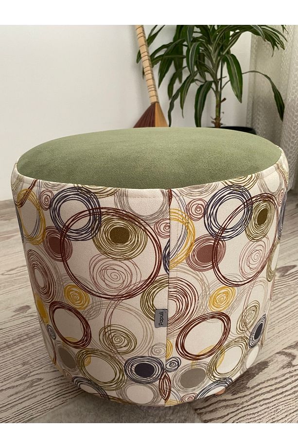 Ahşap Ayaklı Yuvarlak Yeşil Geometrik Desenli (sarı) Puf&bench Koltuk/tabure - 5