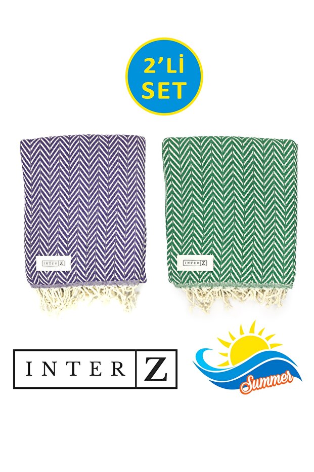 2 db-os Pestemal strandtörölköző készlet 100% pamut Xxl 100x180cm Marmaris lila zöld - 1