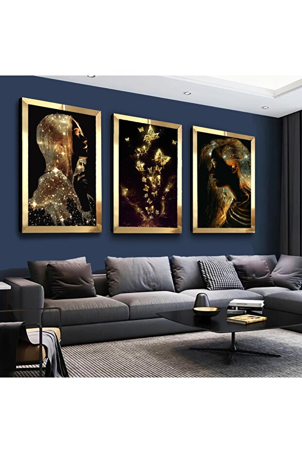 Gold Mirrored Plexiglass Framed Modern Drawing Gold Woman and Butterfly Triple Mdf Painting Set