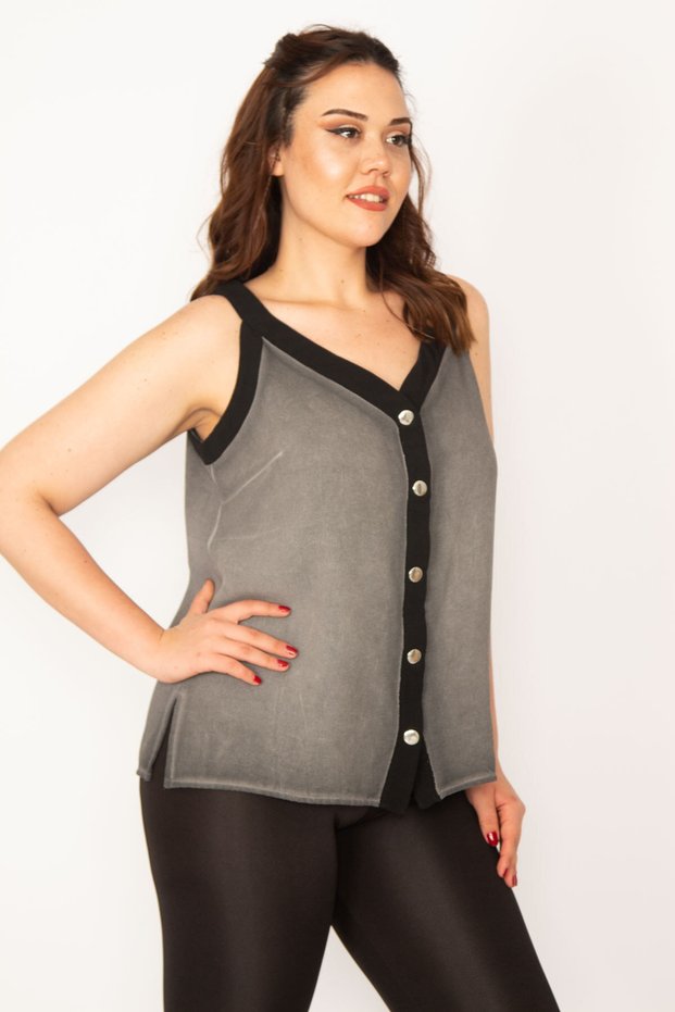 Women's Large Size Smoked Dirty Wash Snap Fastener Metal Button Piping Detailed Blouse 65n33347