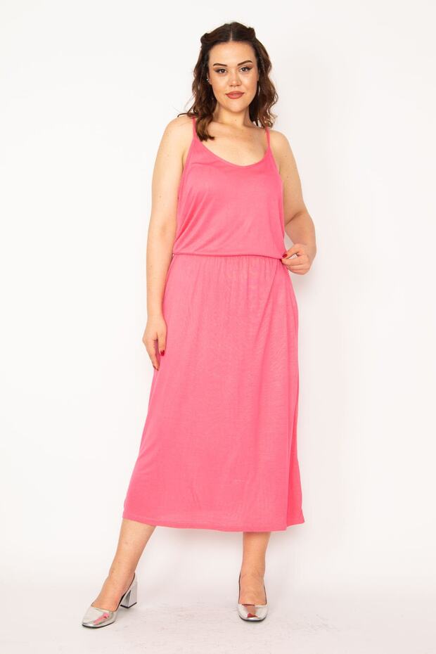Women's Large Size Pink Elastic Waist Strap Viscose Dress 65n33359