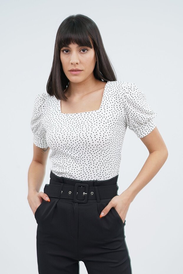 Square Collar Patterned Blouse - 1