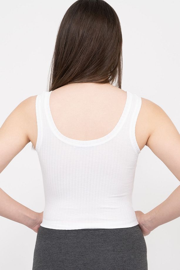 Kadın Beyaz Transparan Basic Fitilli Crop Örme Atlet - 4
