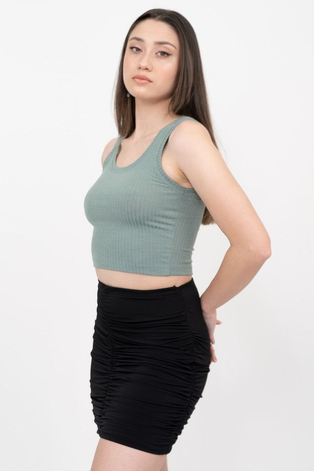 Kadın Yeşil Basic Fitilli Crop Örme Atlet - 3