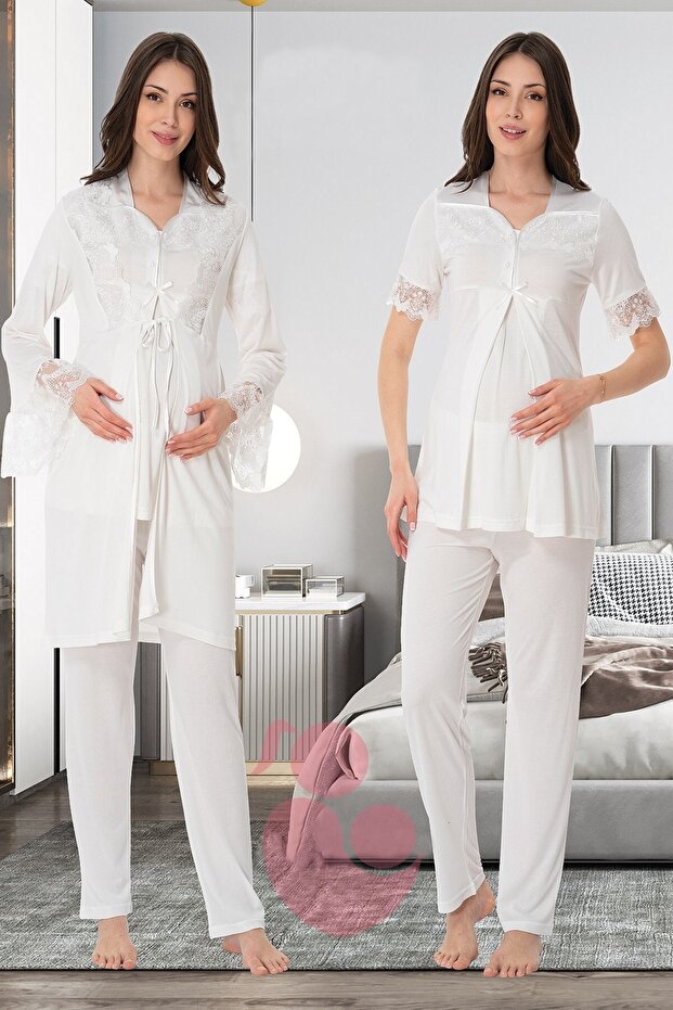 Effortt 9014 Ecru Sleeves Lace Detailed Maternity Pajamas Set