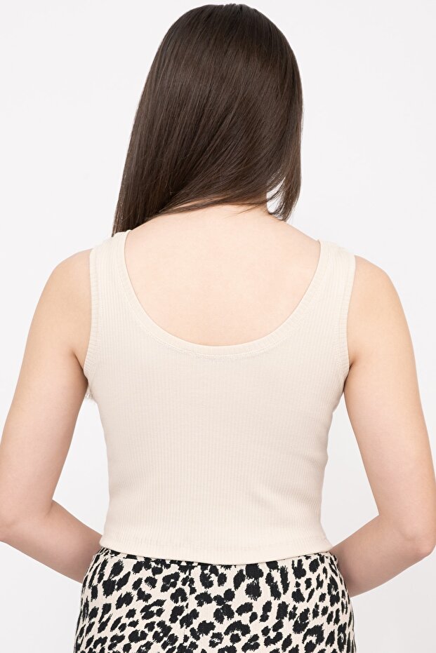 Kadın Bej Basic Fitilli Crop Örme Atlet - 4