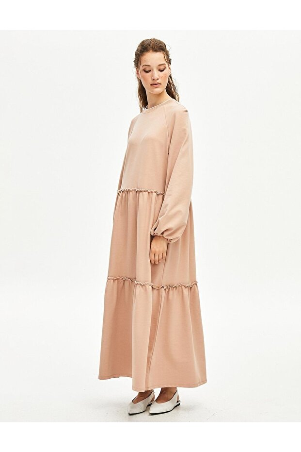 Katlı Balon Kol Elbise Bej - 1