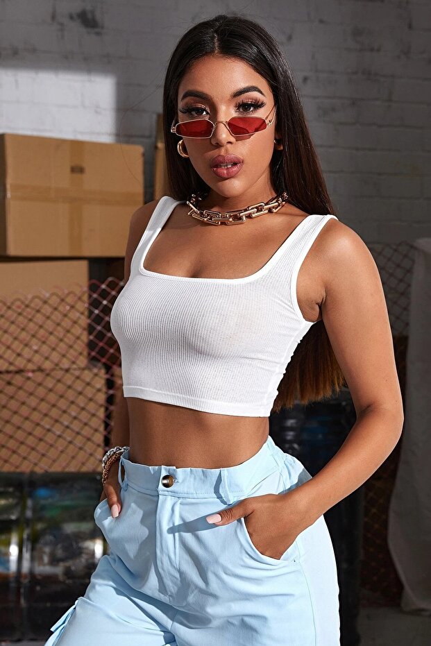 Kadın Beyaz Askılı Crop Top Bluz - 4