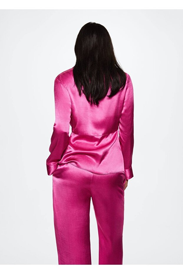 Düğmeli Saten Bluz - 4