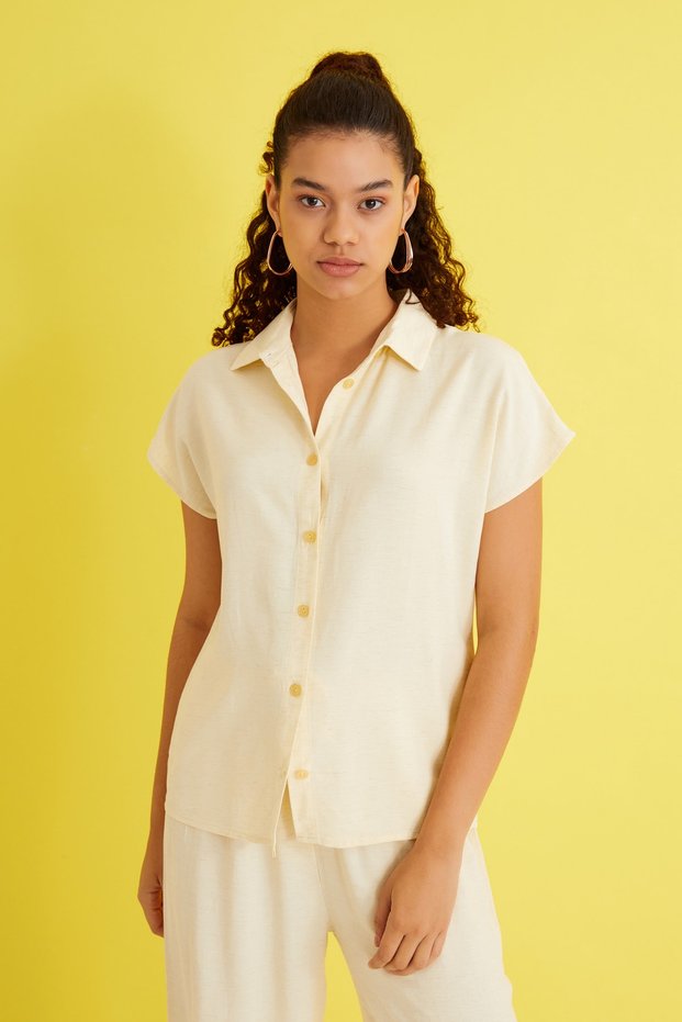 Women's Melange Yellow Bat Sleeve Viscose Shirt