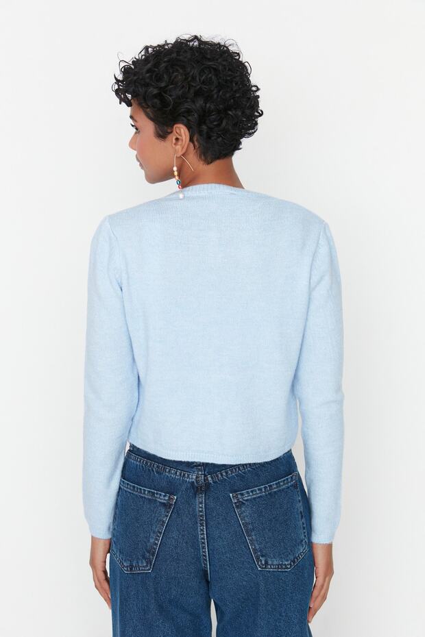 Mavi Crop Yumuşak Dokulu Bluz-Hırka Triko Takım TWOAW21HI0107 - 5