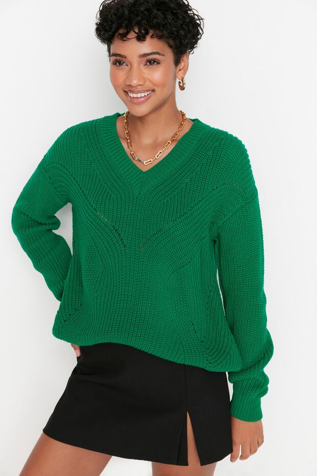 Smaragdgrüner, ausgehöhlter, durchbrochener Strickpullover – TWOAW21KZ0690 - 1