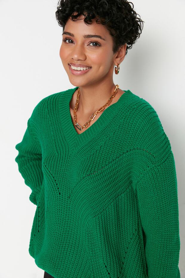 Smaragdgrüner, ausgehöhlter, durchbrochener Strickpullover – TWOAW21KZ0690 - 2