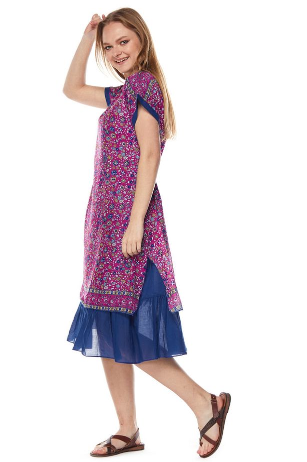 Şile Bezi Çiçek Desenli Pembe Midi Elbise-6104 - 3
