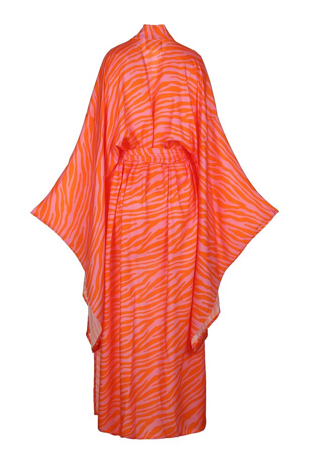 Turuncu Pembe Zebra Desenli Ipek Viskon Japon Kimono Plaj Elbisesi - 1