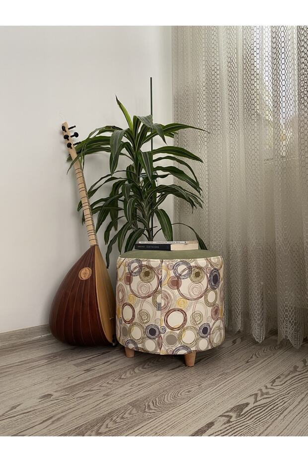 Ahşap Ayaklı Yuvarlak Yeşil Geometrik Desenli (sarı) Puf&bench Koltuk/tabure - 1