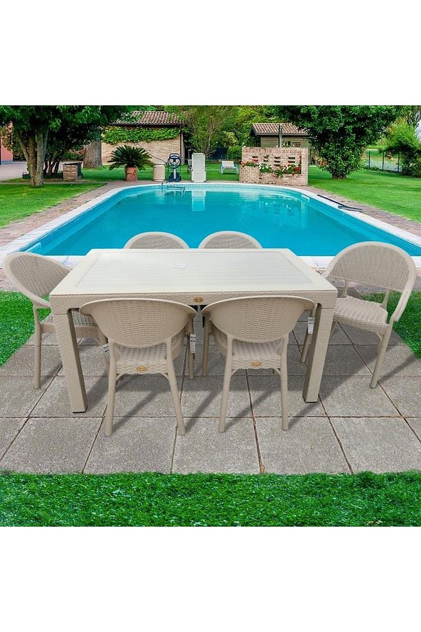 Capissi Rattan Kapiçino Masa Takımı 90*150 Camlı Masa 6 Adet Bambu Rattan Koltuk - 1