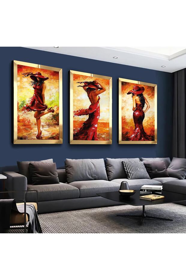 Gold Mirrored Plexiglass Framed Collage Drawing Young Woman Triple Mdf Painting Set