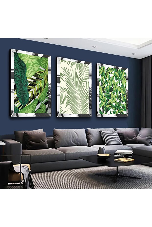 Green Leaves with Silver Mirrored Plexiglass Frame Modern Silver Triple Mdf Table Set