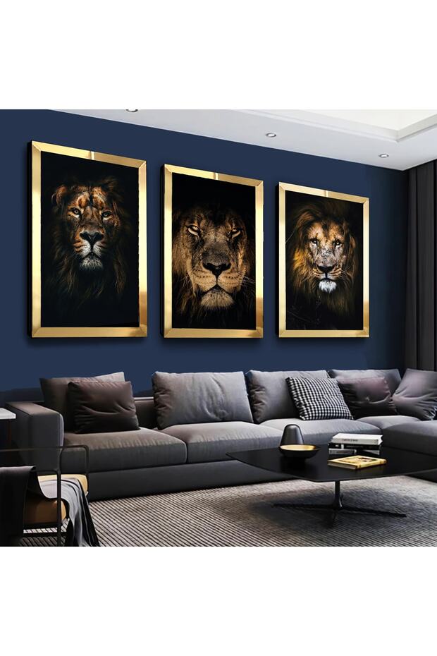 Gold Mirrored Plexi Framed King of the Jungle Lion Triple Mdf Table Set