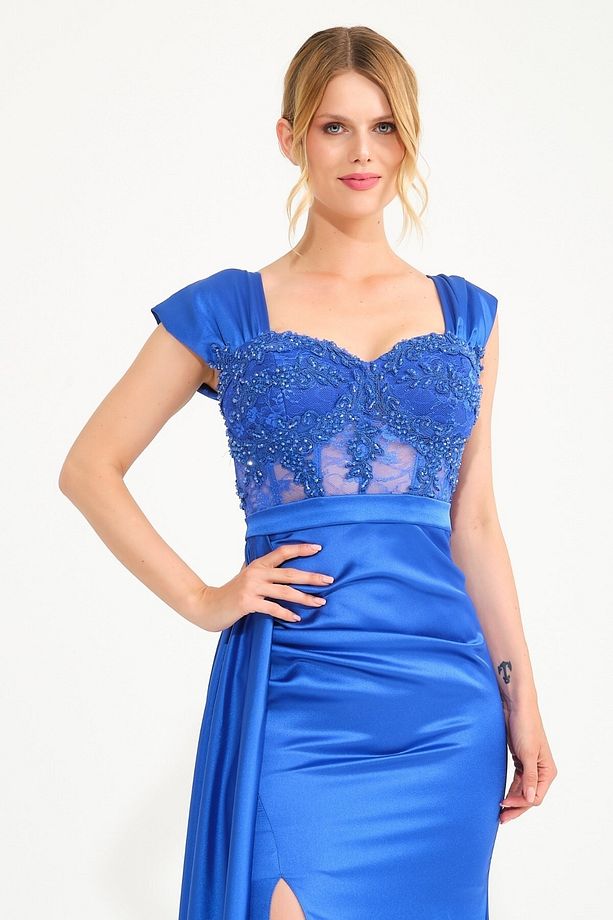Saks Taş Işlemeli Transparan Saten Abiye Elbise - 3