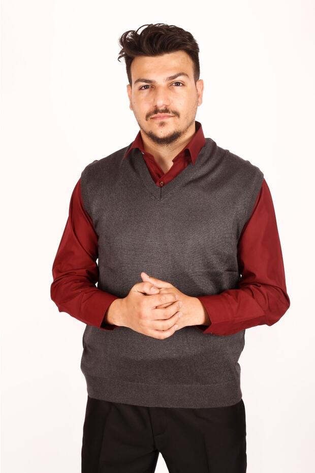 Men's V-Neck Wool Knitted Smoked Fine Knitwear Sweater