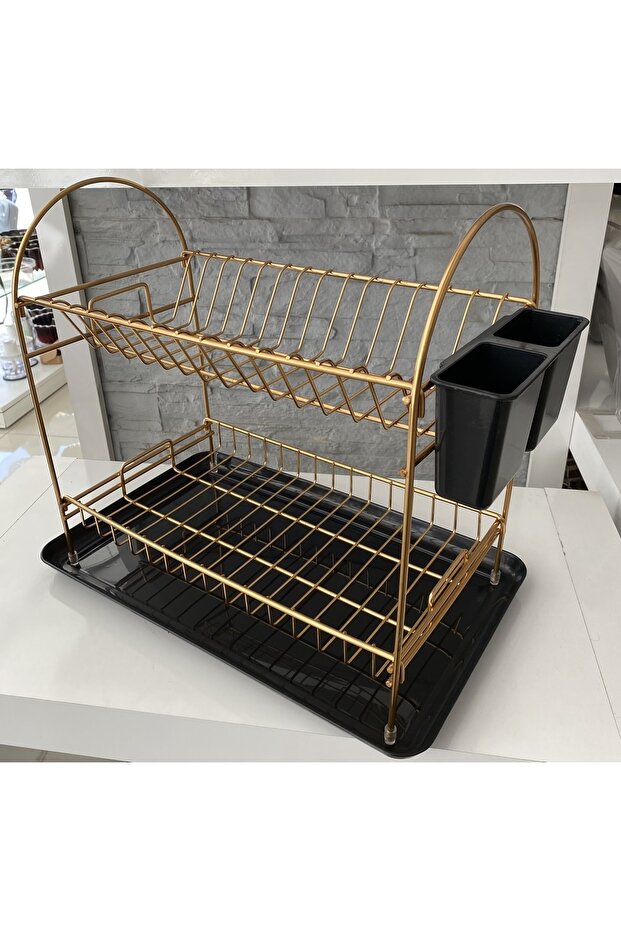 Two-Tier Plate Rack Bronze Gold Black 45.5x27.5x38.5 cm 2 Tiers