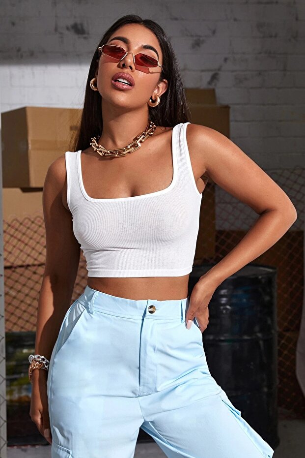 Kadın Beyaz Askılı Crop Top Bluz - 1