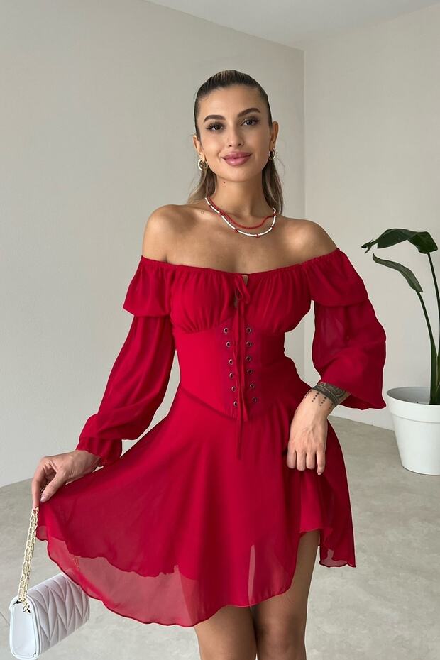 Lined Chiffon Fabric Bodice Lace Detail Low-cut Short Sleeve Red Flared Dress 053