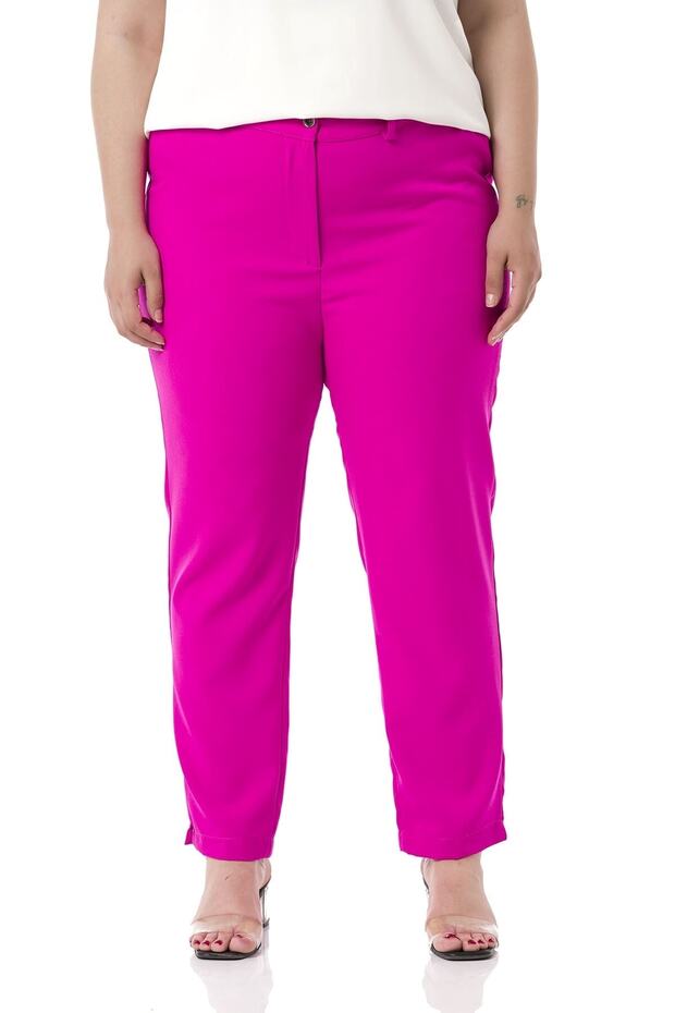 Plus Size Fuchsia Trousers with Elastic Waist and Side Zipper and Slits on the Leg
