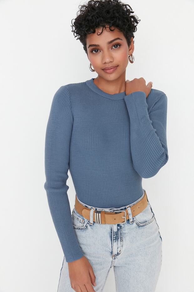 Indigoblauer Basic-Pullover aus Kordelstrick TWOAW22KZ1708 - 1