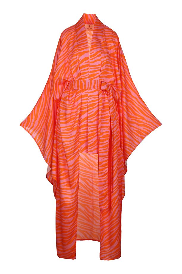 Turuncu Pembe Zebra Desenli Ipek Viskon Japon Kimono Plaj Elbisesi - 2