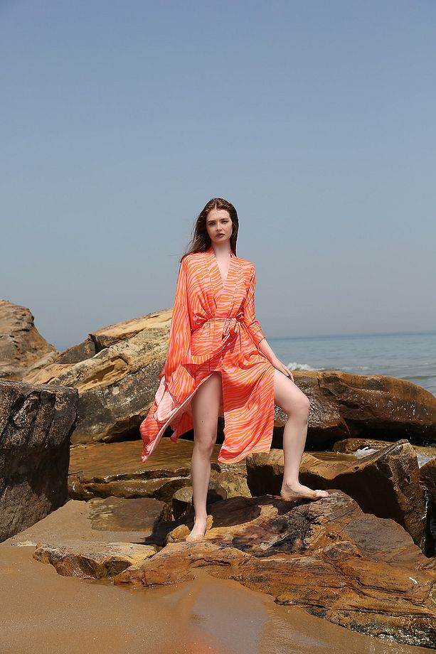 Turuncu Pembe Zebra Desenli Ipek Viskon Japon Kimono Plaj Elbisesi - 3