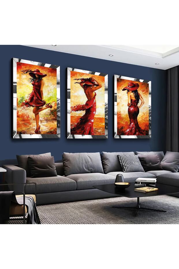 Silver Mirrored Plexi Framed Collage Drawing Young Woman Silver Triple Mdf Painting Set