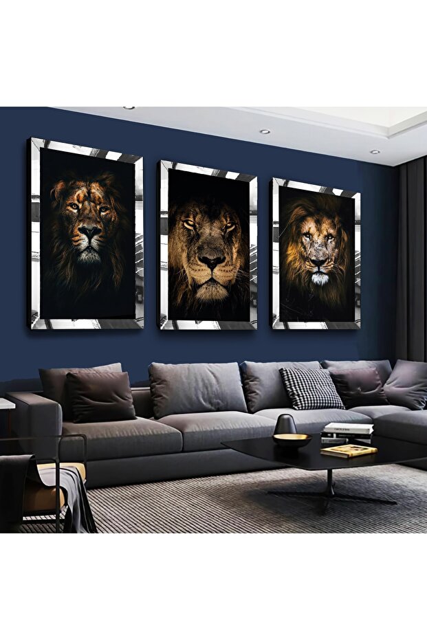 Silver Mirrored Plexi Framed King of the Jungle Lion Silver Triple Mdf Table Set