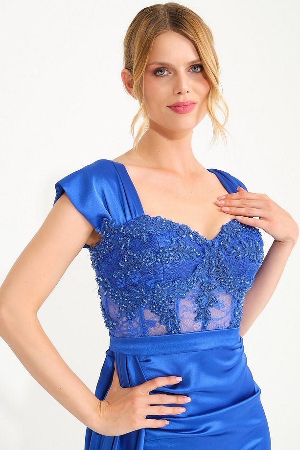 Saks Taş Işlemeli Transparan Saten Abiye Elbise - 4