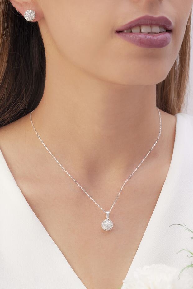 Gümüş Set 925 Ayar Zirkon Taşlı Top Kolye Küpe - 1