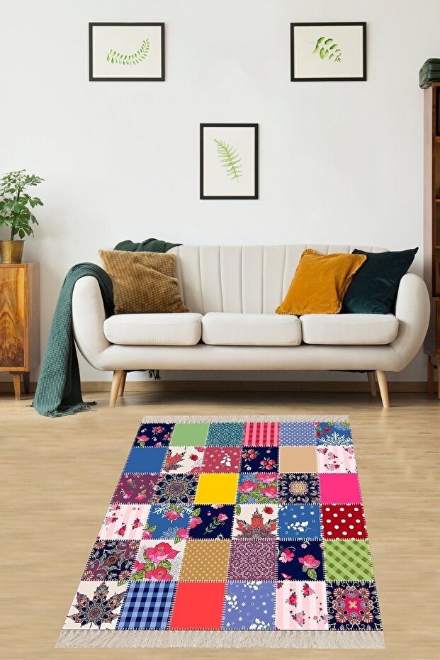 Patchwork Desenli Dijital Baskı Yıkanabilir Kaymaz Taban Etnik Salon Halısı Ve Yolluk - 1