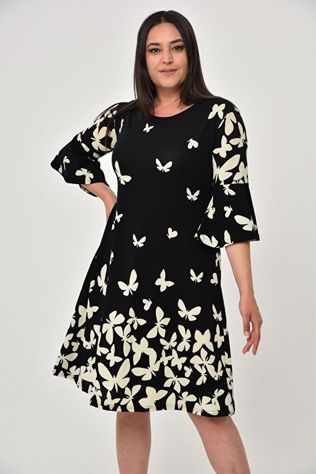 فستان بأكمام دولاب الموازنة منقوشة على شكل فراشة - 3