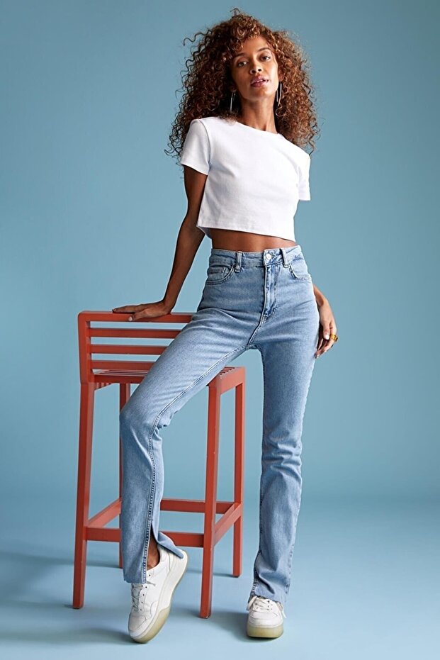 Blue Slit High-Waisted Slim Flared Relaxed Jeans