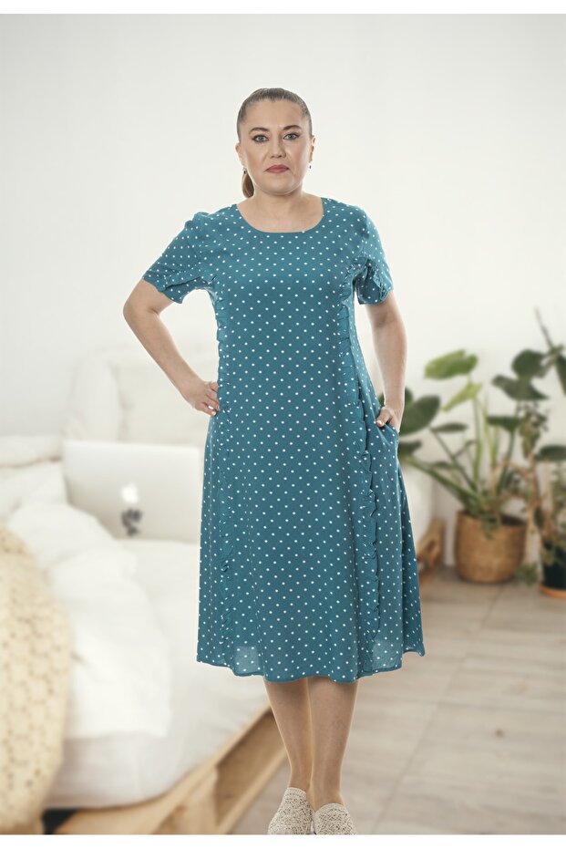 Crew Neck Short Sleeve Ruffle Detailed Green Polka Dot Dress