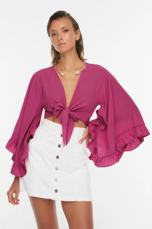 Fuşya Dokuma Volanlı Plaj Crop Bluz TBESS19BB0095 - 2