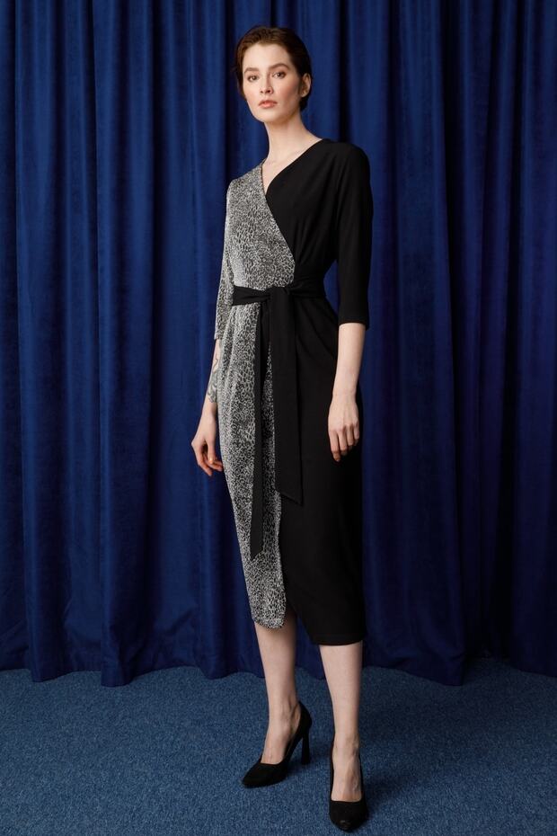 Modailgi Kruvaze Leopar Örmeli Elbıse Siyah-Gri - 2